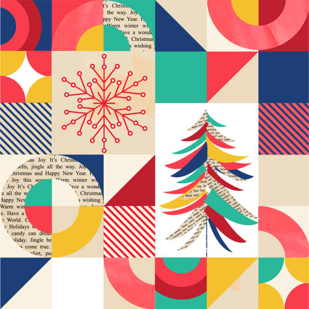 istock Collage style Merry Christmas modern geometric style abstract background with Christmas Tree and abstract shapes on newspaper and watercolor textures 2170228480