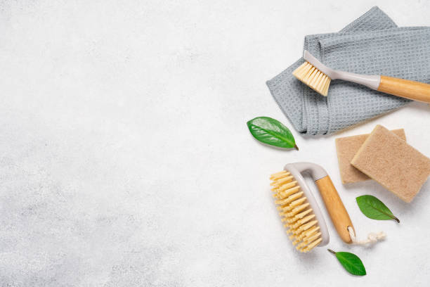 istock Cleaning supplies on a light background with copy space 2170229554
