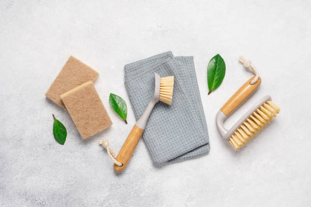istock Cleaning supplies on a light background with copy space 2170231400