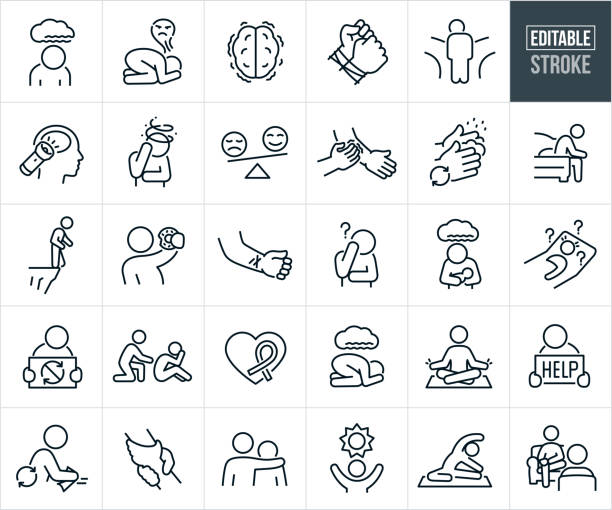 Mental Illness Thin Line Icons - Editable Stroke A set of mental illness icons that include editable strokes or outlines using the EPS vector file. The icons include a person suffering from depression with a dark cloud overhead, person in fetal position distressed by hallucinations brought on by schizophrenia, human brain in a state of unrest due to mental illness, hands tied because of mental illness, person with mental illness at a crossroads with head down uncertain what path to take, light being shined in the head of a person suffering from mental illness, person holding head in confusion suffering from post traumatic stress disorder, person experiencing anxiety, person with OCD itching skin, person with OCD repeatedly washing hands, person at edge of bed with head down suffering from depression, person at the edge of cliff contemplating suicide unable to deal with the pain of mental illness, overweight person with eating disorder eating a doughnut, wrist with slits from mental illness, person with dementia holding head with a question mark above head, mother holding newborn in arms experiencing postpartum depression, person in bed with insomnia from bi-polar disorder, teenager holding a sign with cycling arrows to represent the unrelenting painful cycle of metal illness, person reaching out to a depressed person, mental health awareness ribbon, teenager on ground in fetal position suffering from the affects of depression, person doing mindfulness meditation for good mental health, person with mental illness holding a help sign, person with obsessive compulsive disorder repeatedly cleaning, hand reaching down and clasping the hand of a person with mental illness to help save them from them, adult with arm around shoulder of person suffering from mental illness, person with mental illness with sun overhead to represent hope, person doing yoga and stretching as a way to combat mental illness and a person with mental health issues talking with a therapist. sadness stock illustrations