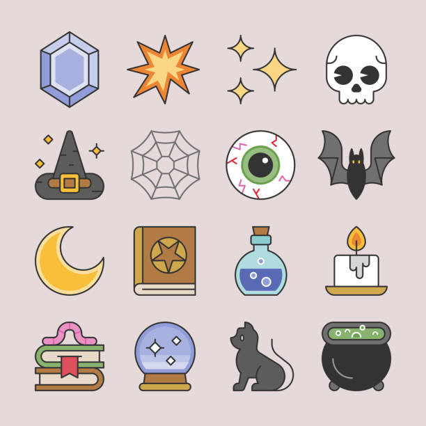 Magic & Sorcery Icon Set — Flat Color Monoline Style Multicolor vector icon set appropriate for web and print applications. Designed in 192 x 192 pixel square with 4px editable stroke. Pixel perfect. wizard-hat-icon-flat-graphic-design stock illustrations