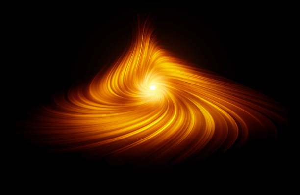Swirling golden vortex emitting light trails, representing energy flow, circular motion, and cosmic dynamics in an abstract style with fluid motion and radiant lines