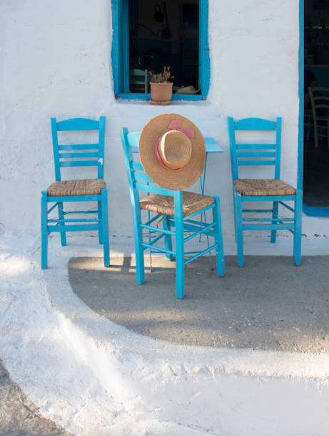 Greece, Cyclades islands, Folegandros island , restaurant table and chairs.