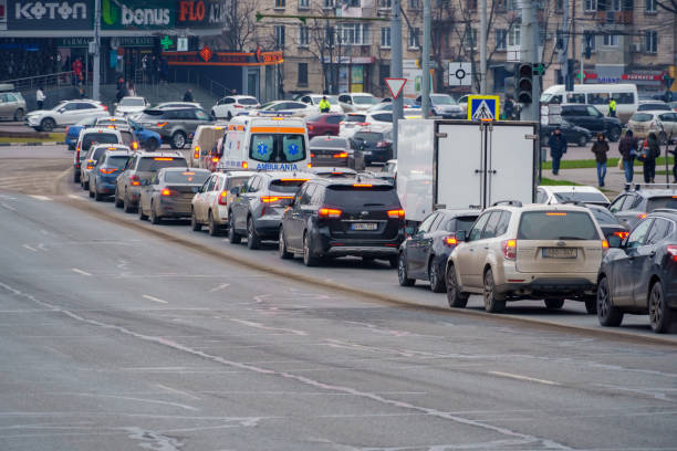 Chisinau,Moldova - january 27, 2023: Busy traffic on a city road