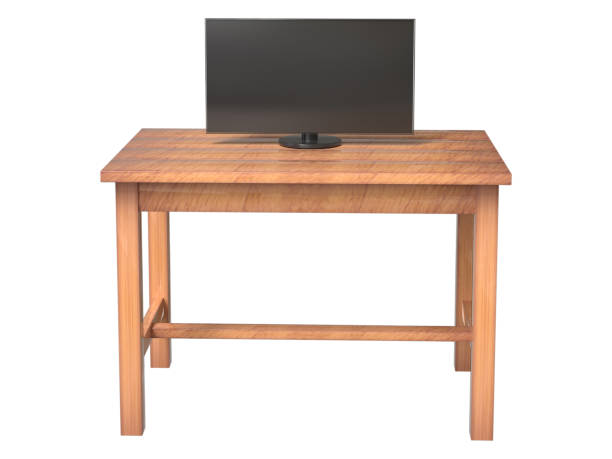 istock 3D black blank computer monitor or TV on realistic wooden table. 2170245263