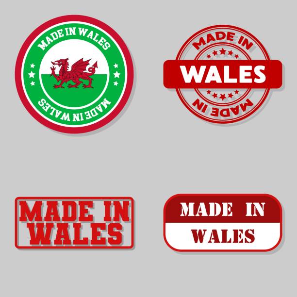 Set of stamps made in Wales Set of four stamps with flag made in Wales manufacturing sourcing stock illustrations