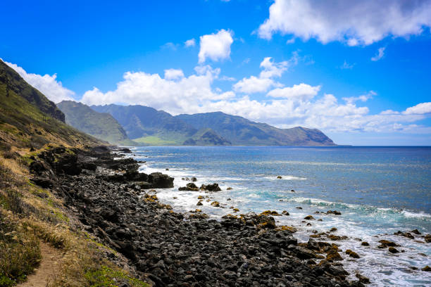 A dramatic and adventurous tropical scene at Kaena Point, Oahu, where rugged lava rocks coat the shoreline, and a coastal trail winds along the cliffs and ridges, set against the blues and greens of the sky and ocean.