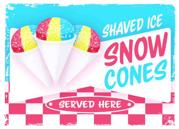 Vector illustration of a Colorful Retro Snow Cone Served Here Diner or Ice Cream Shop Sign design with text and snow cone cups. Slushie or snowball or ice cone. Fully editable. Vector eps and high resolution jpg in download.