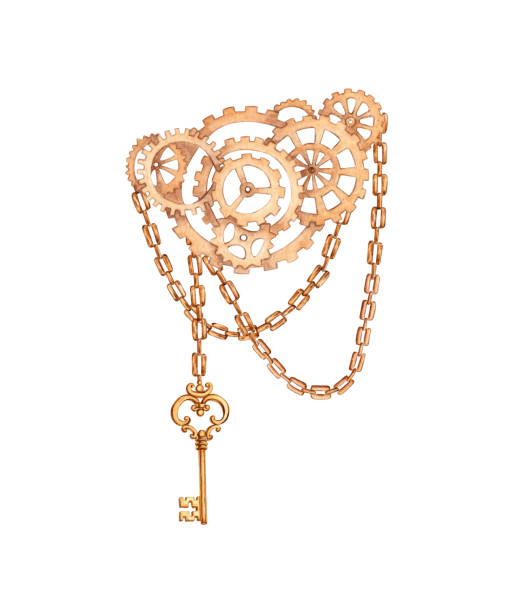 Chain gears and key, metal composition in steampunk style, nuts, watercolor illustrations. Mechanical souvenir in techno style. Ideal for cards, covers, posters, packaging, advertising.