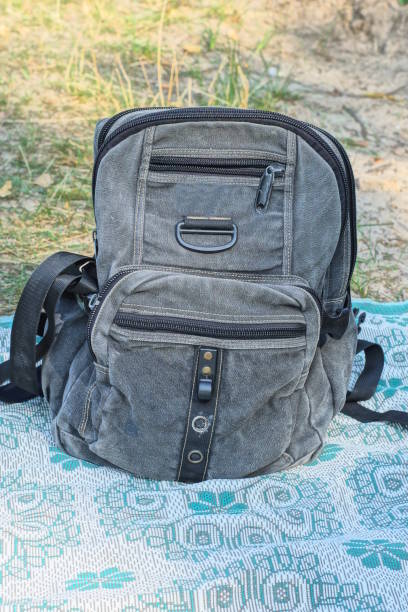 istock one big gray fabric backpack stands on a blanket on the ground 2170256964