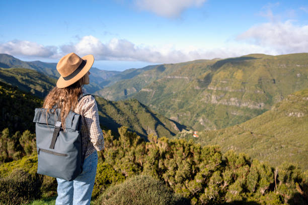 Woman Backpacker on a Mountain Hike at Sunset on Madeira Island.
