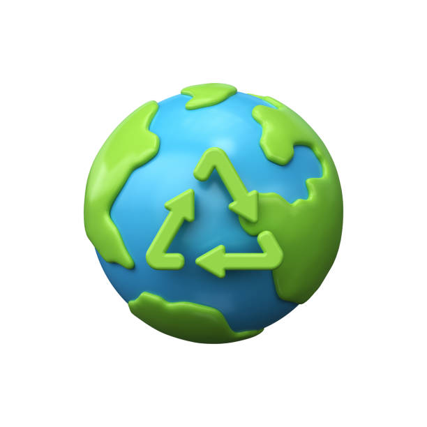 Recycling icon with on globe. Ecology and environmental protection concept, 3D render. White Background, stock photo