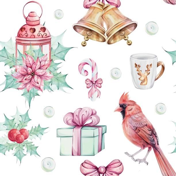 Watercolor seamless pattern - Christmas bird red cardinal, bells, gift, berries, red lantern, poinsettia flowers bouquet with holly green leaves. Symbol of Christmas. Winter holiday decoration in retro, vintage style. F or wallpaper, background, fabric Watercolor seamless pattern - Christmas bird red cardinal, bells, gift, berries, red lantern, poinsettia flowers bouquet with holly green leaves. Symbol of Christmas. Winter holiday decoration in retro, vintage style. F or wallpaper, background, fabric, printing three red cardinals stock illustrations