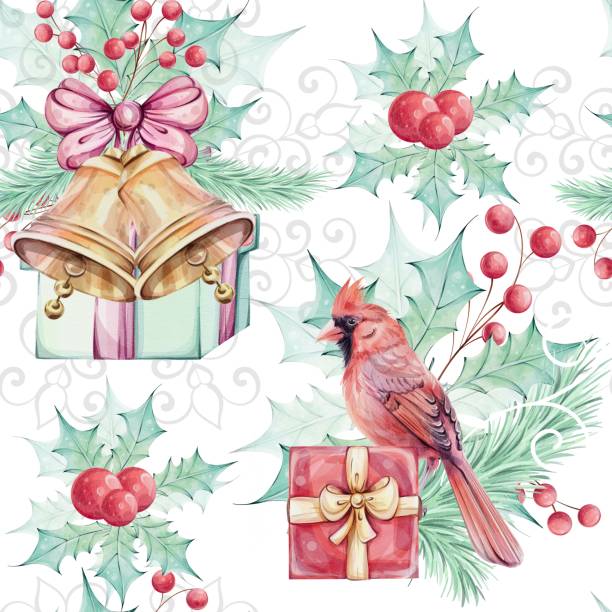 Watercolor seamless pattern - Christmas bird red cardinal, bells, gift, berries, red lantern, poinsettia flowers bouquet with holly green leaves. Openwork snowflake.Symbol of Christmas. Winter holiday decoration in retro, vintage style. For wallpaper Watercolor seamless pattern - Christmas bird red cardinal, bells, gift, berries, red lantern, poinsettia flowers bouquet with holly green leaves. Openwork snowflake.Symbol of Christmas. Winter holiday decoration in retro, vintage style. For wallpaper, background, fabric, printing three red cardinals stock illustrations