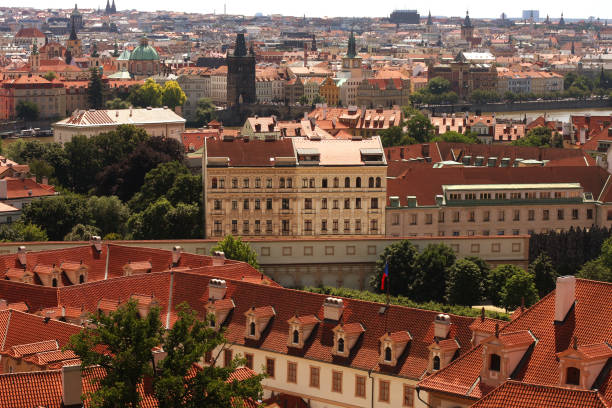 Houses with traditional red roofs in Prague Old Town Square in the Czech Republic