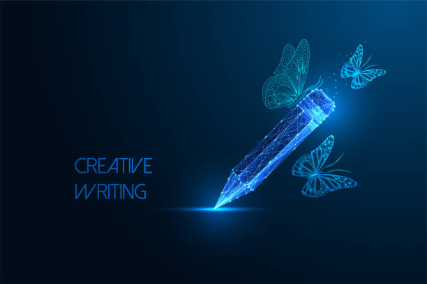 Creative writing, storytelling abstract concept with glowing pencil and butterflies on dark blue background. Creativity, imagination, and transformative power of writing. Modern vector illustration