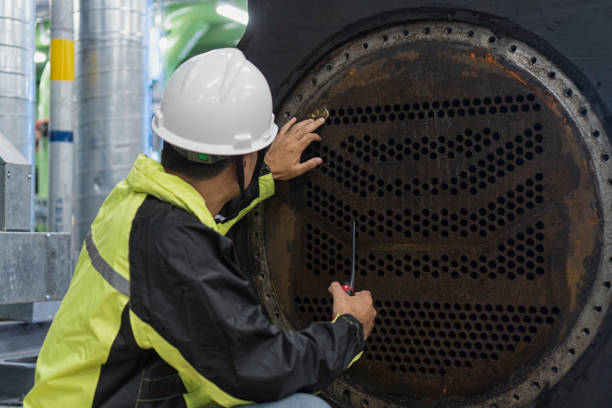 Worker checking  shell tube evaporator with in hand hold  radiocommunication. Portrait engineer with worker on background. Male engineer control worker move shell evaporator in chiller plant
