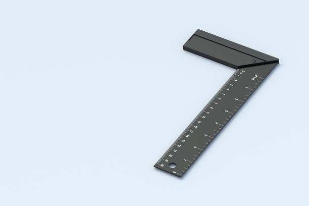 Black carpenter's square on gray background. Angle tool. Measuring instrument for woodworking and metalworking. Construction equipment. Copy space. 3d render