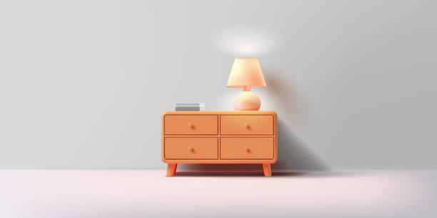istock Modern wooden bedside table with table lamp and books, 3D. Realistic interior design for the concepts of home coziness, comfort, and learning. Sale and advertising of home furniture. Vector 2170273817