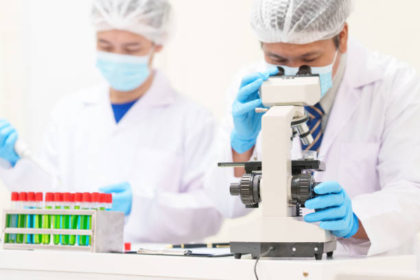 istock Two Asian scientists in lab coats sit at a table in a laboratory, examining samples through a microscope. The room is equipped with scientific tools, liquids, and chemistry materials. 2170286602