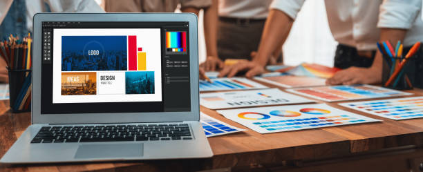 istock Panorama focus view of laptop display digital art workspace. Scrutinize 2170290030