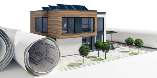 istock Contemporary villa exterior with solar panels in planning - 3D visualization 2170290889