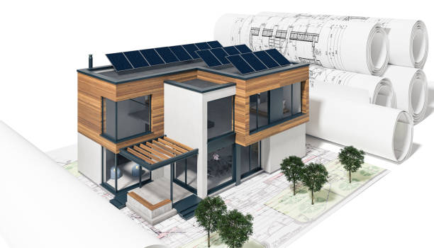 istock Planning of a contemporary villa exterior with solar panels in planning  - 3D visualization 2170290941