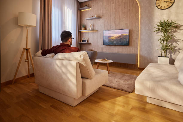 istock Back view of a man watching TV at home. 2170291909