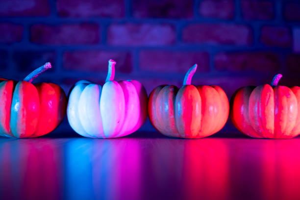 Pumpkins with neon lighting in dark, Halloween decoration