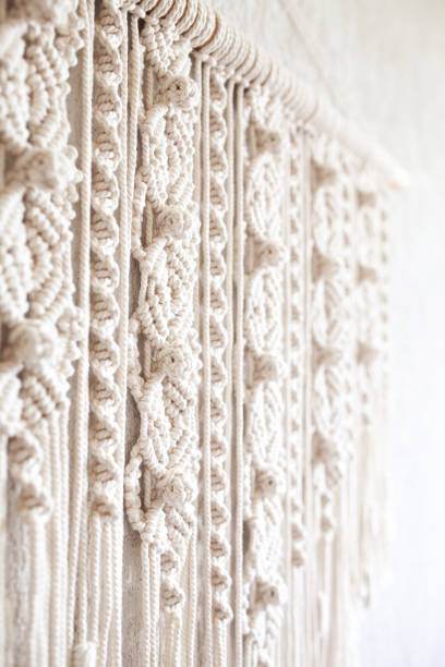 istock Close-up of hand made macrame texture pattern. ECO friendly modern knitting DIY natural decoration concept in the interior. Handmade 100% cotton, female hobby. 2170298079