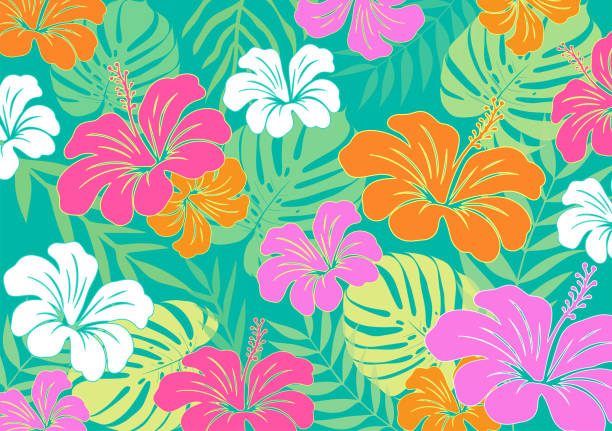 Hibiscus flowers Pattern. Hawaiian Seamless Pattern. Tropical flowers and Leaves. Hawaiian Aloha Shirt. Design for fabric, textile, wallpaper, clothing. floral background. vector illustration