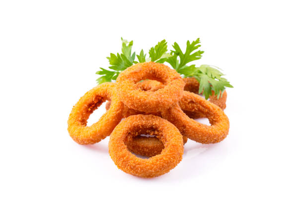 Fried onion rings with mozzarella or plain. Delicious onion rings on white background