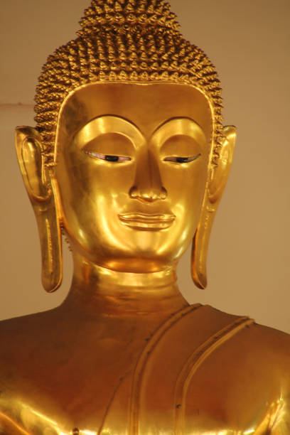 Head of Sitting large golden thai buddha at Golden Triangle above river Mekong in Ban Sop Ruak
