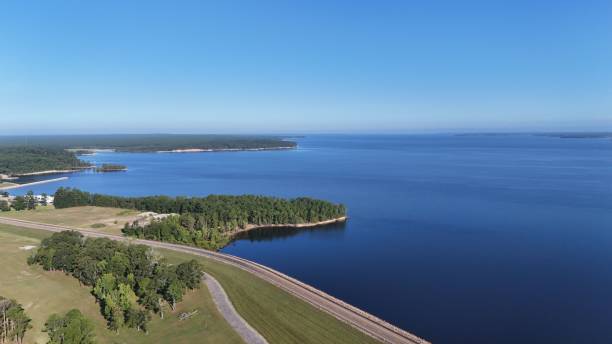 istock Aerial view of a serene lake with lush greenery 2170302525