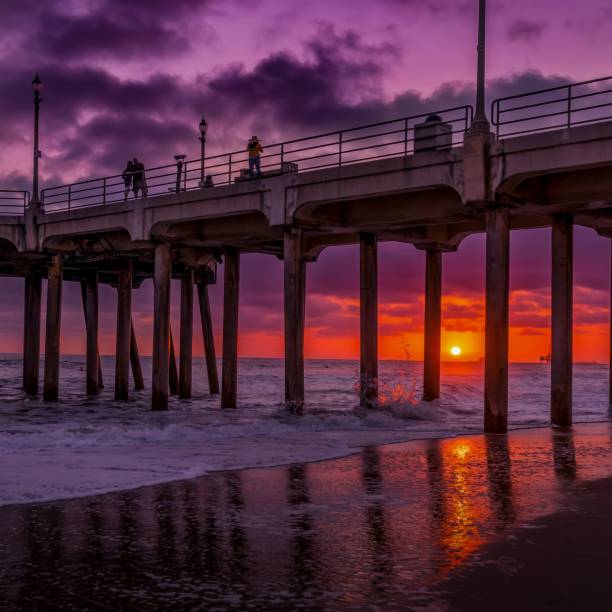 A stunning sunset view of a pier with people silhouetted against a vibrant purple and orange sky, reflecting on the ocean waves.
