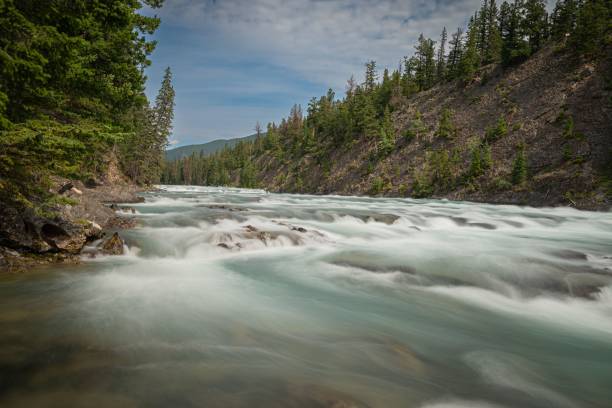 istock Serene river landscape with lush green trees and rocky hills. 2170305088