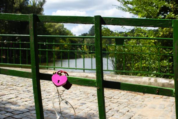 A heart-shaped love lock attached to a green metal fence on a sunny day with a river and trees in the background.