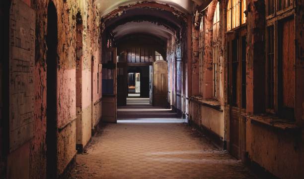 istock Long, dark corridor with peeling paint and crumbling walls 2170307321