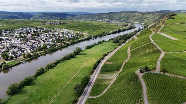 istock Aerial view of a town and river surrounded by lush green fields 2170307430