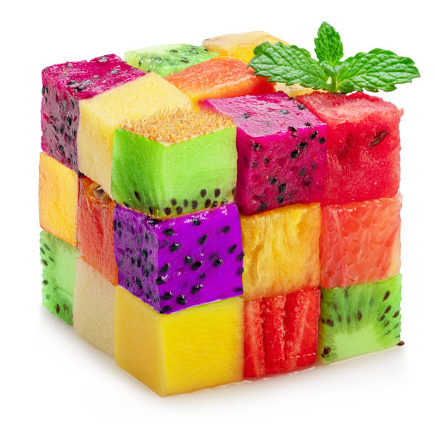 istock Puzzle cube is made of combination of different fruit cubes isolated on white background. 2170312731