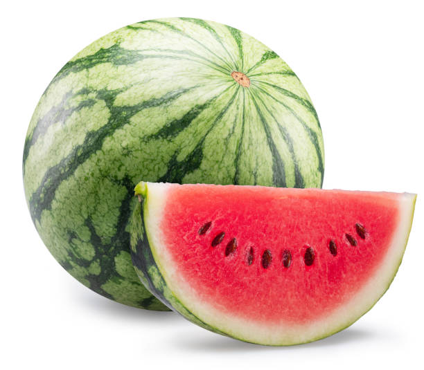 istock Round striped watermelon and watermelon slice isolated on white background. Clipping path. 2170313078