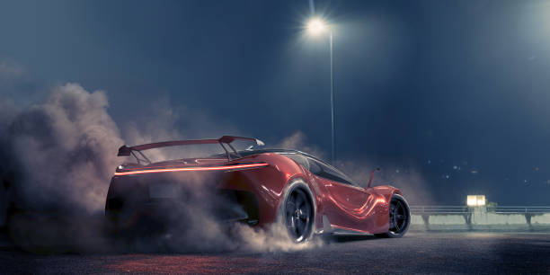 Electric Sports Car Tyre Burnout Rear view of a generic electric red sports car spinning it's rear wheels to create clouds of smoke in an empty parking lot lit by streetlights at night. car burnout stock pictures, royalty-free photos & images