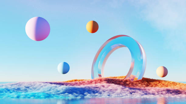 istock 3d Render, Abstract Surreal landscape with colorful scene, pastel ball floating around glass circle arch on rainbow grass dune with beautiful sky background. 2170321850