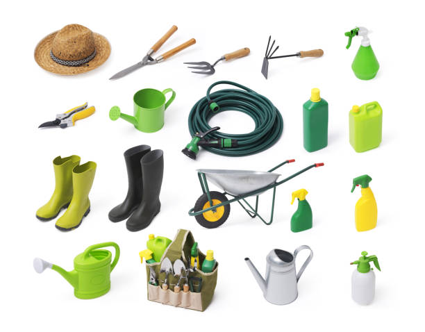Collections of gardening tools and products, isolated on white background