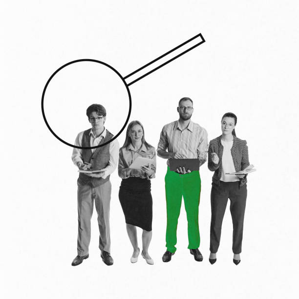 Contemporary art collage. Professionals under magnifying glass, representing scrutiny of candidates during hiring process. Concept of human resource management and recruitment and hiring.