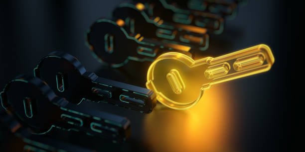 Digital key glowing in the dark. Digital security and safety evolution. Yellow neon key icon in world of technological progress and innovation. CGI 3D render