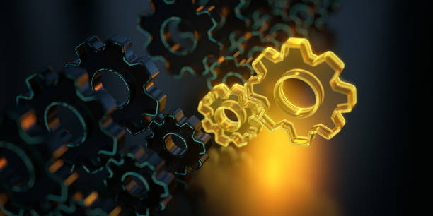 istock Productivity and efficiency background. Digital gears on dark background. Productivity evolution. Futuristic gears in world of technological progress and innovation. CGI 3D render 2170329883