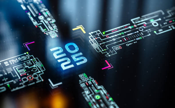 istock Year 2025 futuristic background. 2025 as a central core on motherboard. 2170332026
