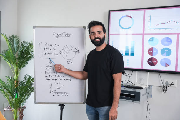 istock Professional indian man  entrepreneur or project manager presenting data with charts and graphs on whiteboard for company in modern office. 2170334745