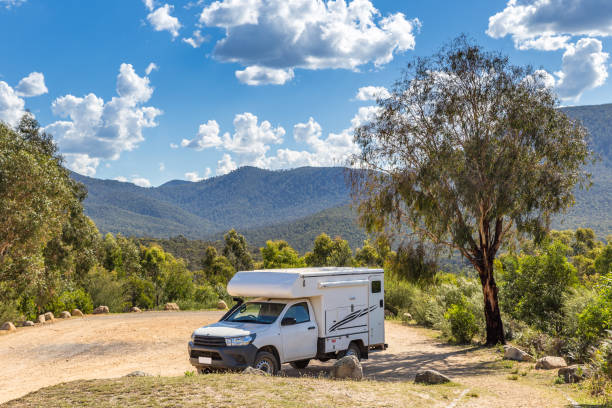 istock A camper parked under a tree at a scenic campsite in the mountains during a sunny afternoon with fluffy clouds 2170334823